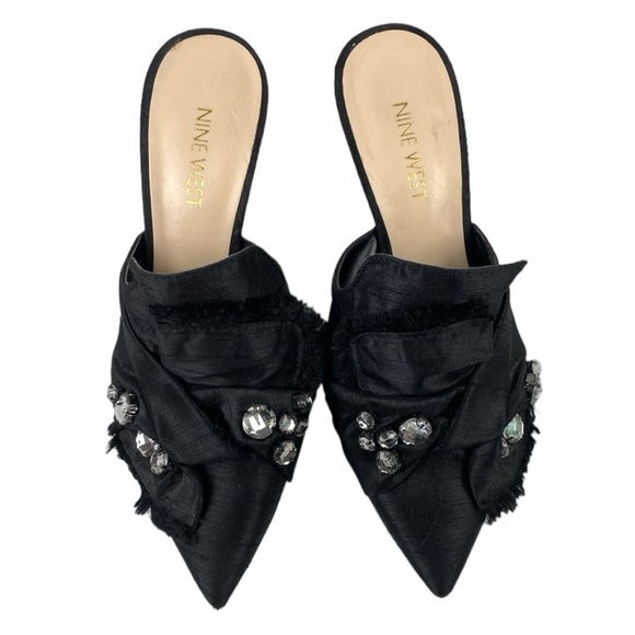 Nine West Black Satin Rhinestone Macadamia Pointed Toe Dress Mules - Picture 3 of 9